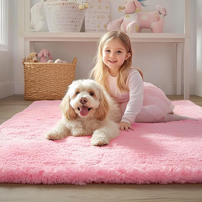 OLANLY 8x10 Machine Washable Large Area Rugs for Living Room, Bedroom, Soft Fluffy Shaggy Bedside Rug, Indoor Floor Carpet for Kids Girls and Boys, Dorms, Nursery, Home Decor Aesthetic, Pink