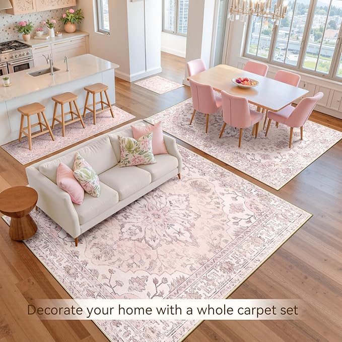 RELEANY Area Rugs 6'x8' Washable Non-Slip, Floral Vintage Distress Print Pattern Medallion Carpet for Living Room Bedroom Dining Room, Pink Greypink Cute