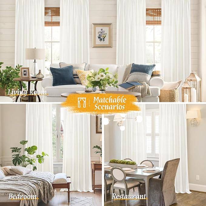 LAMIT Faux Linen Curtains 63 inches Long for Bedroom, Ivory Rod Pocket Linen Drapes Light Filtering Semi Sheer Privacy Curtains for Small Window/Farmhouse, 2 Panels (52 x 63 Inch, Natural)