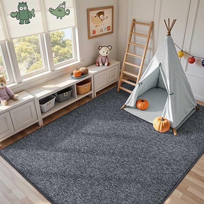 FinRèc 5x7 Washable Area Rugs for Bedroom Living Room, Low Pile Thin Rug Solid Color, Non-Slip Carpet Indoor for Home Decor (Grey)
