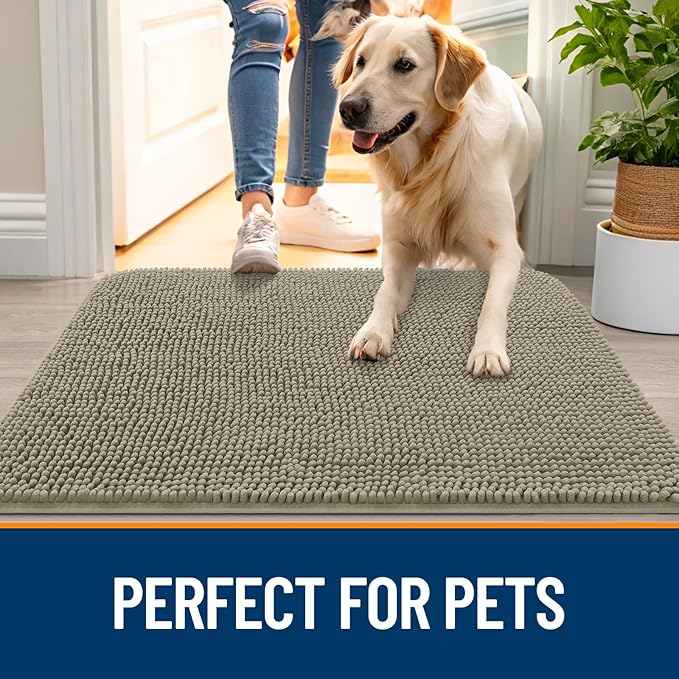 OLANLY Dog Door Mat for Muddy Paws 24x16, Absorbs Moisture and Dirt, Absorbent Non-Slip Washable Doormat, Quick Dry Chenille Mud Mat, Entry Indoor Entryway Carpet for Inside Floor, Warm Taupe