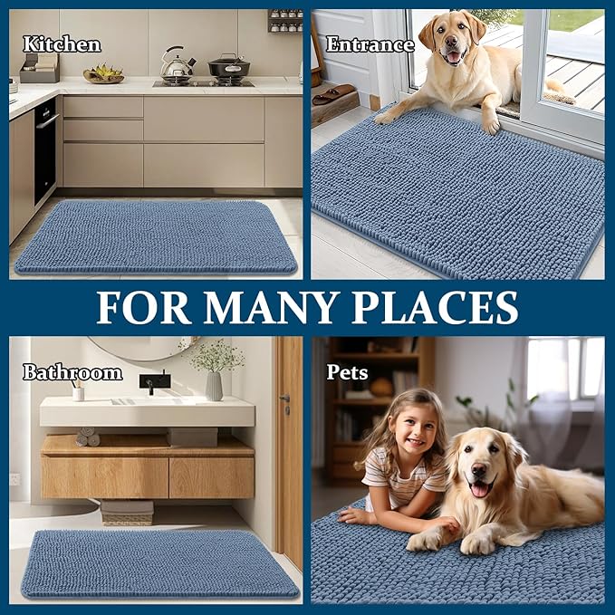 OLANLY Dog Door Mat for Muddy Paws 59x24, Absorbs Moisture and Dirt, Absorbent Non-Slip Washable Doormat, Quick Dry Chenille Mud Mat for Dogs, Entry Indoor Entryway Carpet for Inside Floor, Airy Blue