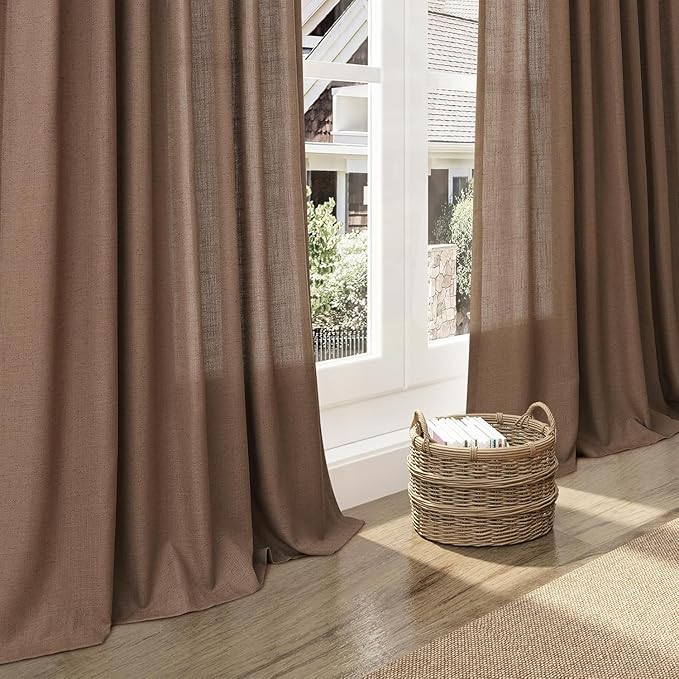 Caramel Brown Linen Curtains for Living Room 95 Inches Long Back Tab and Rod Pocket Light Filtering Semi Sheer Vintage Rustic Curtain Luxury Boho Decor Drapes for Bedroom Office 52x95, 2 Panels