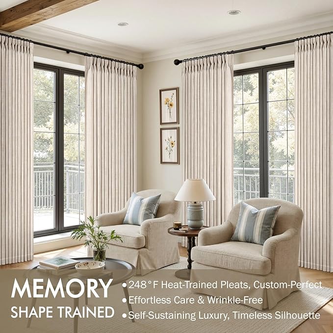 MIULEE Pinch Pleated Thick Linen Curtains 96 Inches Long 2 Panels for Living Room Bedroom, Memory Trained Pleat Drapes Light Filtering Cream Ivory Semi Sheer Window Curtains Hooks Rings Back Tab
