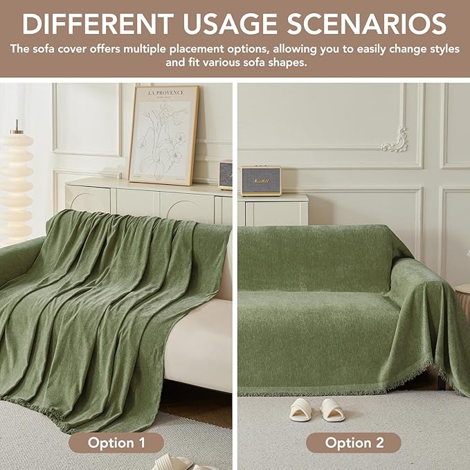 Couch Cover for Dogs, Boho Sofa Covers for 3 Cushion Couch, Chenille Sofa Slipcover for Pets Washable, L-Shape Sectional Couch Loveseat Cover Soft Throw Blankets with Tassels(91x134,Green)