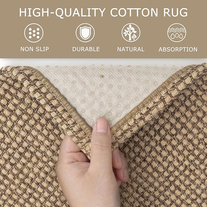 KOZYFLY Boho Rugs for Entryway 3x5 ft Washable Area Rug Non Slip Rubber Backed Entry Rug Woven Indoor Door Mat Cotton Kitchen Rugs Floor Carpet for Entryway, Foyer, Backdoor, Tan/Orange/Brown