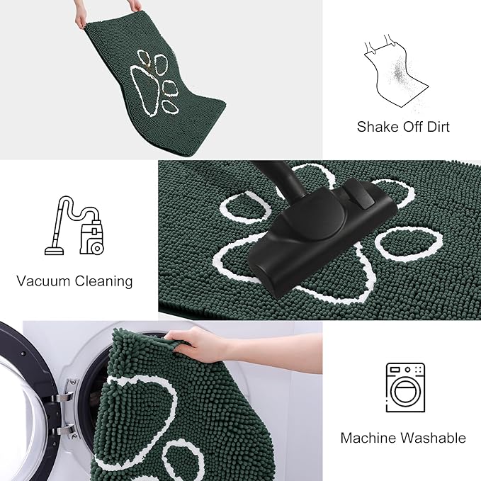 Smiry Dog Door Mat for Muddy Paws, Absorbent Dirt Trapper Non Slip Quick Dry Washable Chenille Mat for Mud Dogs, Entry Rug for Indoor and Outdoor (30x20 Inches, Green and White)