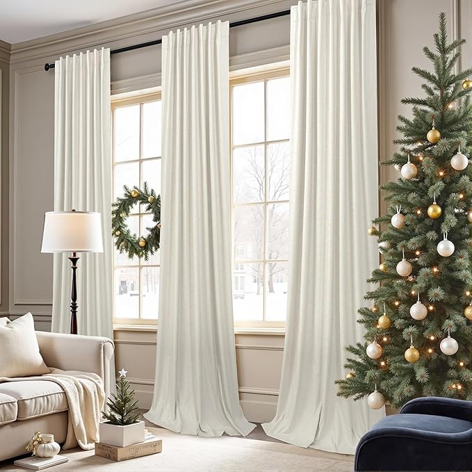 Custom 105 Inch Curtains for Nursery Cute Extra Long 100 Percent Blackout Kids Curtains Cream 2 Panel Burg Faux Linen Light Sun Blocking Dark Out Heavy Duty Fabric Thick Aesthetic Baby Room Darkening
