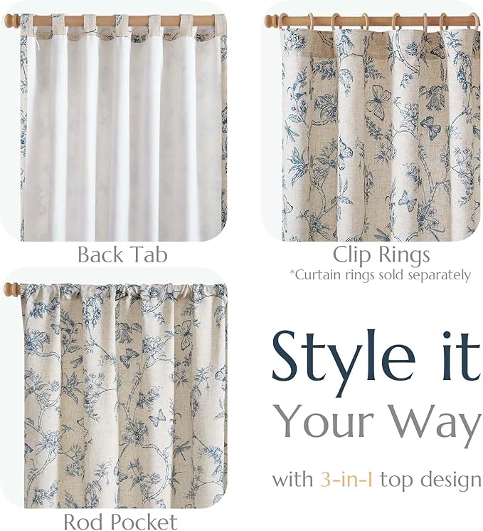 jinchan Floral Curtains Lined Linen Blend Curtain for Living Room 63 Inch Length Blue Flower Patterned Curtain French Country Farmhouse Curtains Drapes Back Tab Rod Pocket 2 Panels