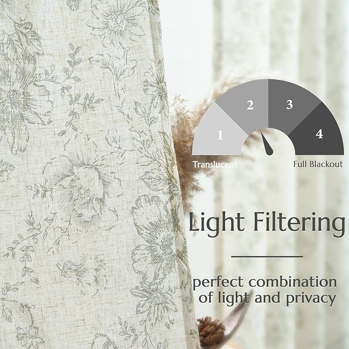 jinchan Linen Blend Floral Curtains for Living Room 84 Inch Length Farmhouse Printed Curtain Rod Pocket Back Tab Sage Green Peony Flower Patterned Drapes Bedroom Curtains Set 2 Panels
