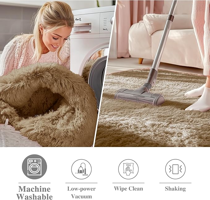 OLANLY Taupe Round Rugs for Bedroom - Machine Washable, 8 ft Circle Area Rugs for Living Room, Soft and Fluffy Shaggy Carpet for Teen Girl and Boys, Nursery Rooms, Dorms, Home Decor Aesthetic
