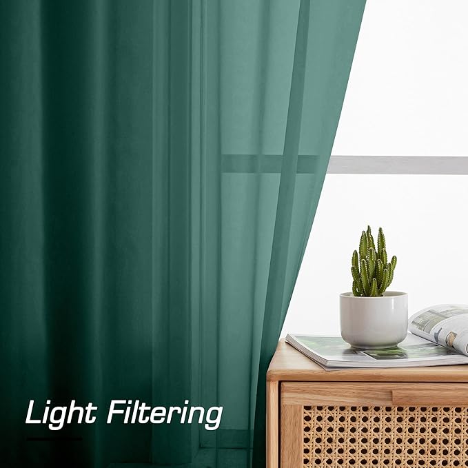 Aiyufeng Hunter Green Sheer Curtain Drapes 90 Inch Length 2 Panels for Living Room, Light Filtering Voile Green Drapes for Bedroom, Patio, Sliding Door, Each 42" W x 90" L