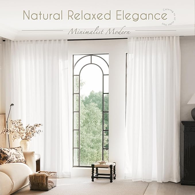 White Linen Curtains 54 inch Long 2 Panel Set for Living Room Back Tab Rod Pocket Semi Sheer Light Filtering Bedroom Window Curtain 54 inch Length Cotton Textured Modern Elegant Coastal Drapes