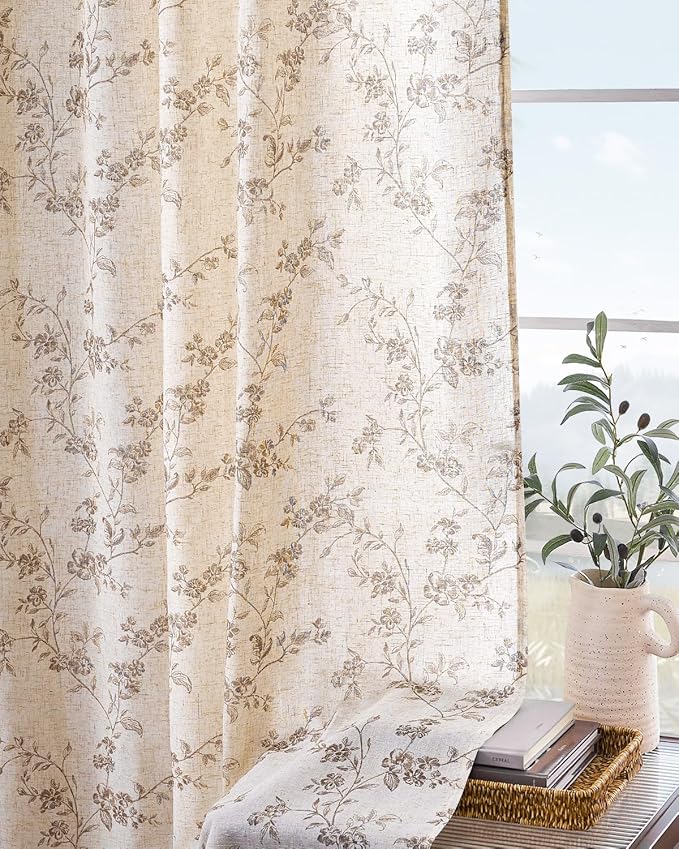 Lazzzy Farmhouse Linen Curtains Extra Long Taupe Floral Curtains 108 Inch Length Back Tab Drapes for Living Room Bedroom Light Filtering Country Vintage Rod Pocket, 2 Panels, Taupe on Beige