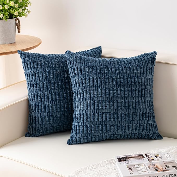 Pack of 2 Corduroy Decorative Throw Pillow Covers 20x20 InchSoft Boho Striped Pillow Covers Modern Farmhouse Home Decor for Sofa Living Room Couch Bed（Teal）
