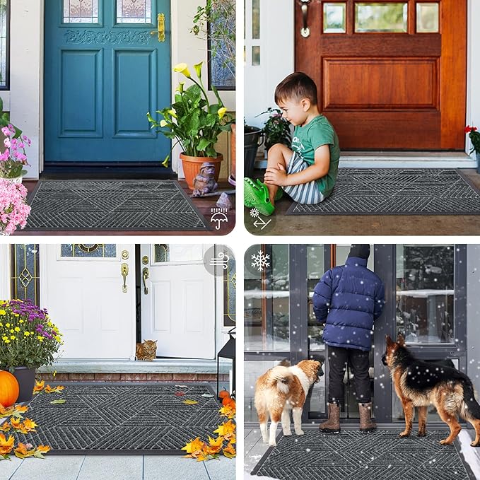 Smiry Front Door Mat Outside Entrance, Heavy Duty Sturdy Natural Rubber Doormat, Trap Dirt and Moisture, Easy Clean Low Profile Welcome Floor Mats for Indoor Outdoor Entry, 59x34 Inch, Grey