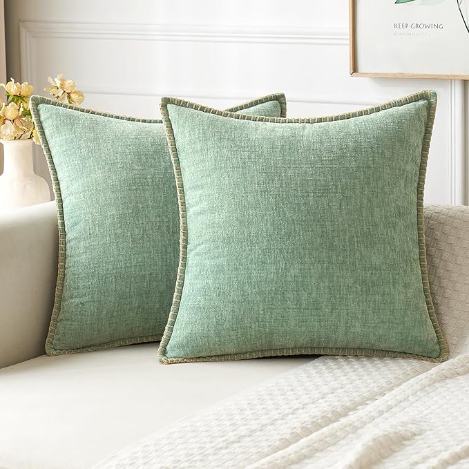MIULEE Pack of 2 Couch Throw Pillow Covers 20x20 Inch Greyish Green Farmhouse Decorative Pillow Covers with Stitched Edge Soft Chenille Solid Dyed Spring Pillow Covers for Sofa Bed Living Room