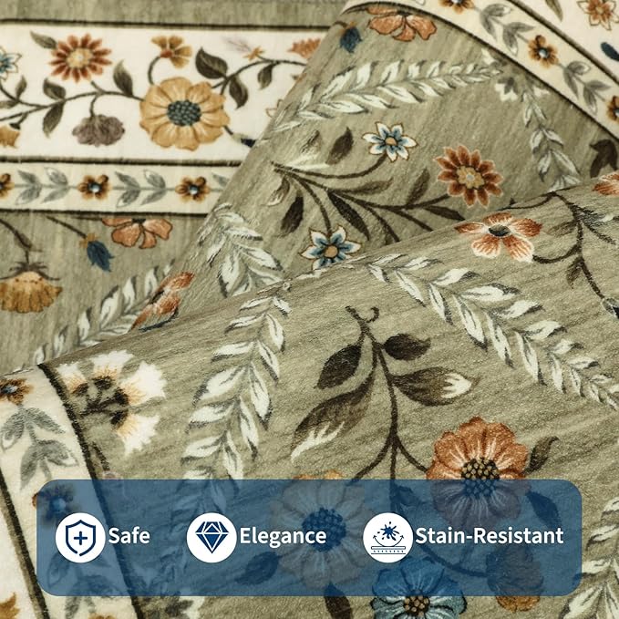 6x9 Machine Washable Area Rugs for Living Room Floral Stain Resistant Soft Carpet Vintage Low Pile Non Slip Non-Shedding Floor Carpet Rugs for Bedroom Nursery Green