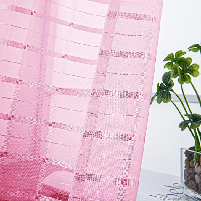 SpaceDresser Check Sheer Curtains 63 Inches 2 Panels Set, Rod Pocket Plaid Window Curtain for Living Room, Pink Semi Sheer Drapes for Kitchen Bedroom Children Room Yard（Pink, 52W x 63L）