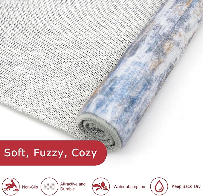 KOZYFLY Modern Abstract Washable Rug Runner 2.6x12 Hallway Rug Runner Non-Slip Soft Kitchen Runner Rugs, Blue Rust Striped Carpet for Entryway Bathroom Laundry Room Foyer