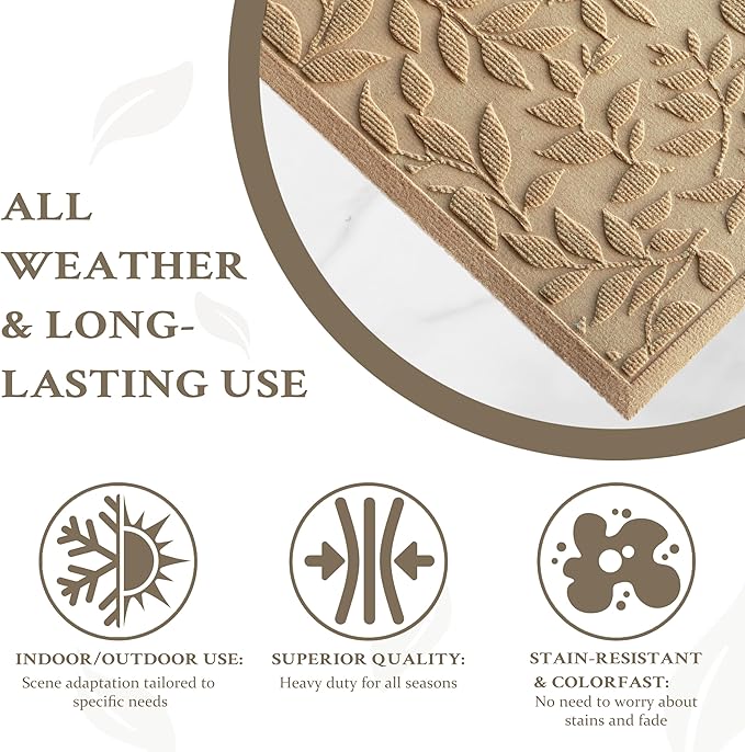 Beige Leaves Outdoor Indoor Entrance Door mat, Absorbent Durable Heavy Duty Welcome Front Door Mat,Thick Natural Rubber Back,Easy Clean Entryway Mat 47x32 Inch, Low Profile