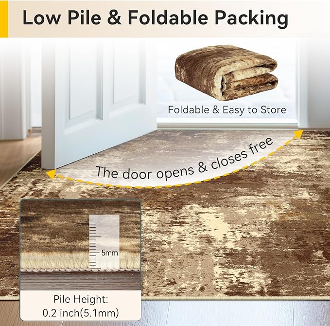Washable Area Rugs 8'x10' Non-Slip Modern Abstract Soft for Living Room Entryway Bedroom Nursery, Print Pattern, Brown Tan Beige Coffee