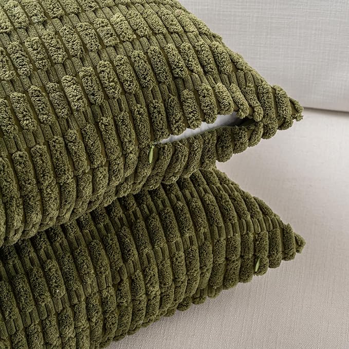 Fancy Homi 4 Packs Boho Moss Green Decorative Throw Pillow Covers 20x20 Inch for Couch Bed Sofa, Rustic Modern Farmhouse Home Decor, Soft Plush Corduroy Square Cute Cushion Case 50x50 cm