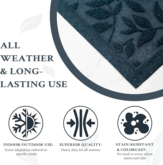 Blue Leaves Outdoor Indoor Entrance Doormats, Absorbent Durable Heavy Duty Welcome Front Door Mat,Thick Natural Rubber Back,Easy Clean Entryway Mat 23x35 Inch, Low Profile