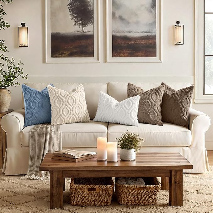 decorUhome Throw Pillow Covers 24x24 Inch Set of 2, Soft Plush Faux Wool Blue Solid Couch Pillow Covers, Accent Euro Sham Farmhouse Neutral Square Pillow Cases for Sofa Bed Living Room