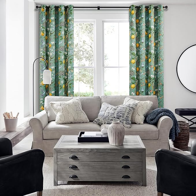 Topfinel 54 Inches Long Short Floral Spring Curtains for Cafe, Blackout Vintage French Country Grommet Room Darkening Patterned Sage Green for Bedroom Dining Living Room