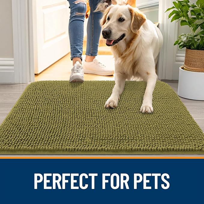 OLANLY Dog Door Mat for Muddy Paws 54x32, Absorbs Moisture and Dirt, Absorbent Non-Slip Washable Doormat, Quick Dry Chenille Mud Mat, Entry Indoor Entryway Carpet for Inside Floor, Willow Green