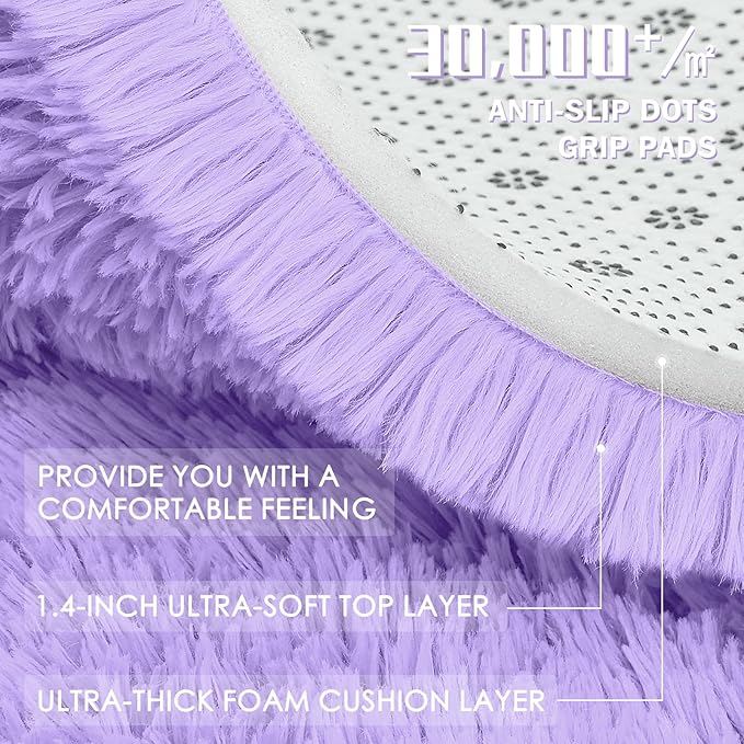 OLANLY Light Purple Round Rugs for Bedroom - Machine Washable, 8 ft Circle Area Rugs for Living Room, Soft and Fluffy Shaggy Carpet for Teen Girls and Boys, Nursery Rooms, Dorms, Home Decor Aesthetic
