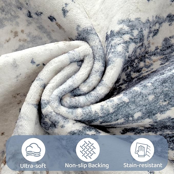 UERMEI 9x12 Area Rug Living Room Rugs Thickened - Washable Neutral Modern Abstract Soft Rug Indoor Floor No Slip Rug Carpet for Bedroom Under Dining Table Home Office Decor - Denim Blue