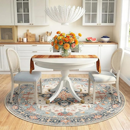 Area Rugs 6ft Washable Non-Slip, Floral Vintage Distress Print Pattern Medallion Carpet for Living Room Bedroom Dining Room, Beige Navy Blue Orange Colorful