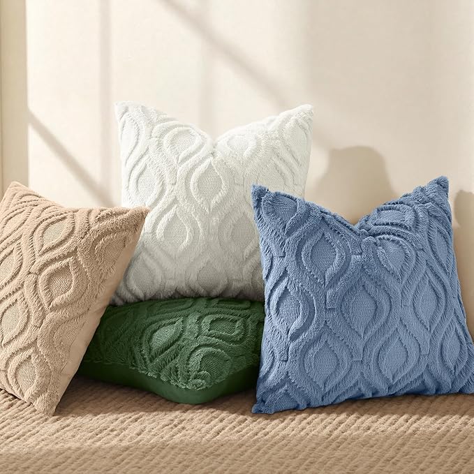 decorUhome Throw Pillow Covers 18x18 Inch Set of 2, Soft Plush Faux Wool Light Khaki Solid Couch Pillow Covers, Accent Farmhouse Neutral Square Pillow Cases for Sofa Bed Living Room