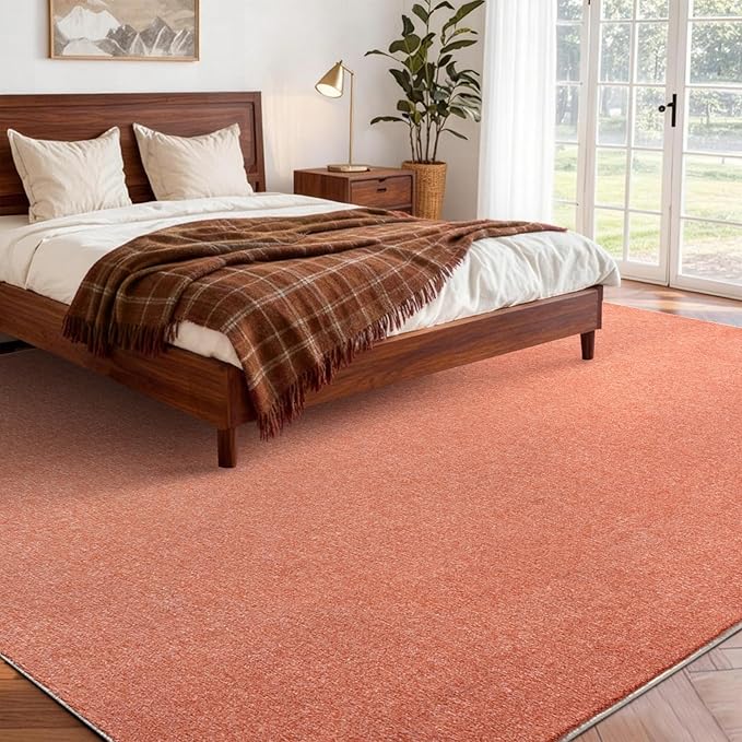 FinRèc 6x9 Washable Area Rugs for Bedroom Living Room, Low Pile Thin Rug Solid Color, Non-Slip Carpet Indoor for Home Decor (Orange)