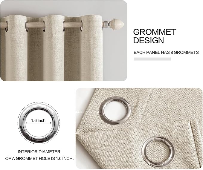 MIULEE 100% Blackout Linen Curtains for Bedroom Thermal Insulated Stone Grommet Room Darkening Curtains & Drapes Fall Decor for Living Room Nursery 52 x 84 Inch (2 Panels)