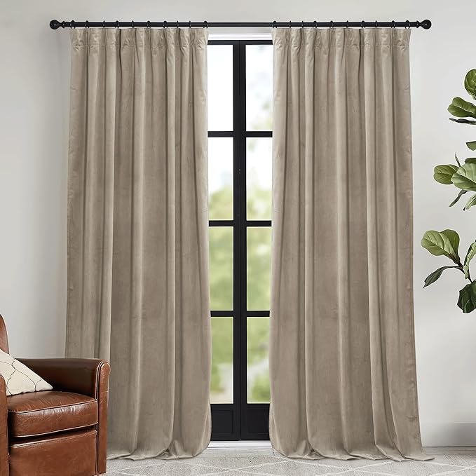 RYB HOME Camel Beige Velvet Curtains with Hook Tape, Thermal Insulated Privacy Protect Decorative Drapes for Home Theater, W 42 x L 84 inches, 2 Panels Set