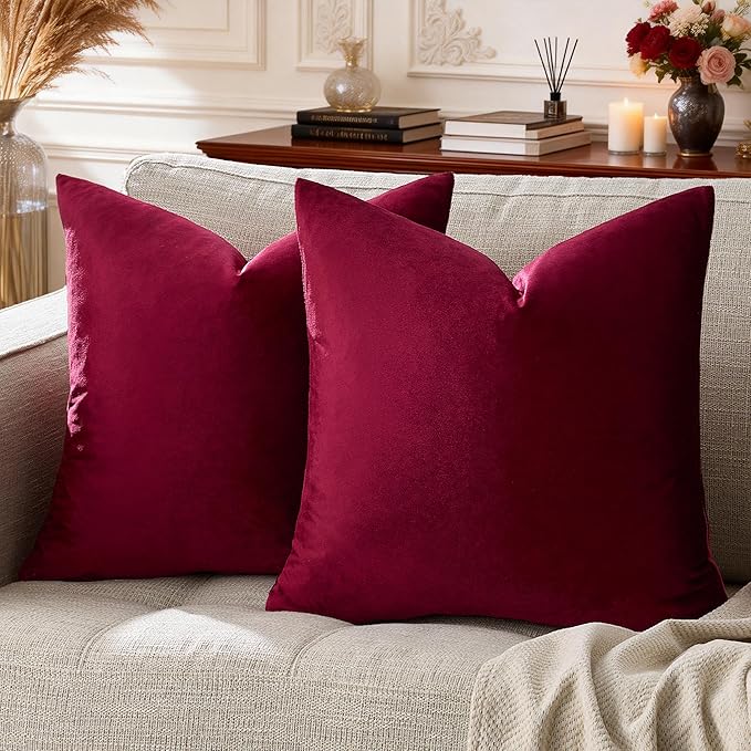 GIGIZAZA Velvet Pillow Covers 18x18: Pack of 2 Throw Pillows Soft Solid Covers - Burgundy Decorative Couch Small Cushion Covers Used for Chrismas Room Decor,Living Room,Bedroom,Sofa