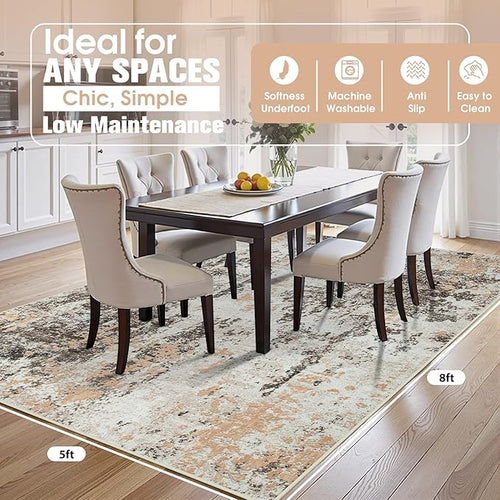 5x8 Area Rugs for Living Room Rug Washable: Abstract Rug for Dining Room Bedroom Carpet Non Slip 5 by 8 Indoor Modern Nursery Home Office Brown Beige