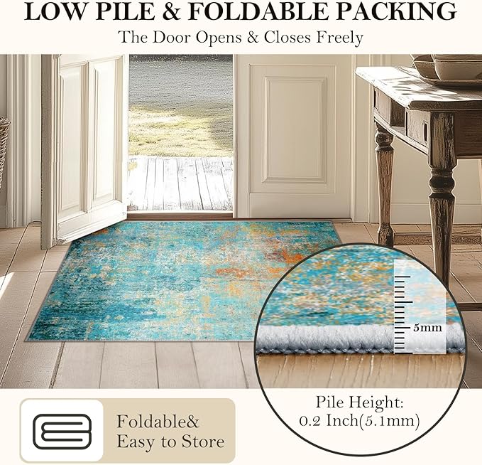 Washable Area Rugs 6'x8' Non-Slip Modern Abstract Soft for Living Room Entryway Bedroom Nursery, Print Pattern, Teal Blue Green Orange Rust Red Colorful