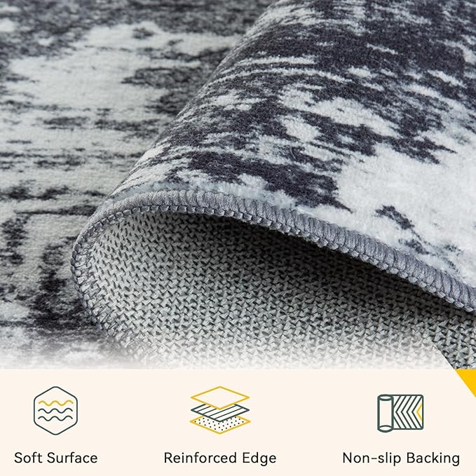 Washable Area Rugs 8'x10' Non-Slip Modern Abstract Soft for Living Room Entryway Bedroom Nursery, Print Pattern, Black Navy Blue Gray