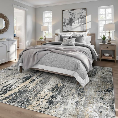 Area Rugs 6x9 for Living Room: Washable Rug Modern Abstract Neutral Soft Non-Slip Low-Pile Indoor Carpet for Bedroom Dining Room Playroom Home Office (Black Grey Brown, 6'x9')