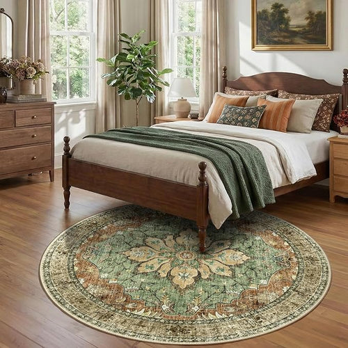 Area Rugs 7ft Washable Non-Slip, Floral Vintage Distress Print Pattern Medallion Carpet for Living Room Bedroom Dining Room, Brick Red Rust Neutral Brown Burnt Orange