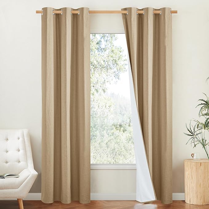 NICETOWN 100% Absolutely Blackout Linen Curtains with Thermal Insulated White Liner, Camel, W34 x L90, 2 Panels, Long Curtains 90 inch Length for Patio Door, Doorway, Office, Overnight Shiftworker
