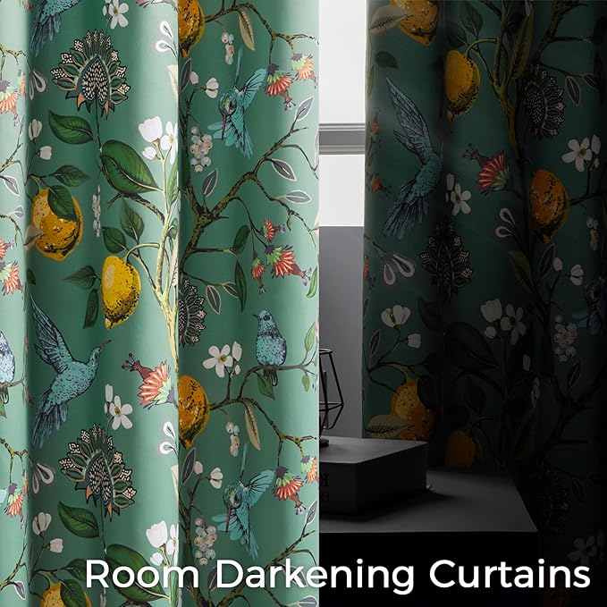 Topfinel 100 Inches Long Sage Green Luxury Curtains for Living Room Bedroom, Blackout Vintage Art Deco Victorian Curtains Floral Lemon Hummingbird Printed Grommet Drape 100 Inch Length