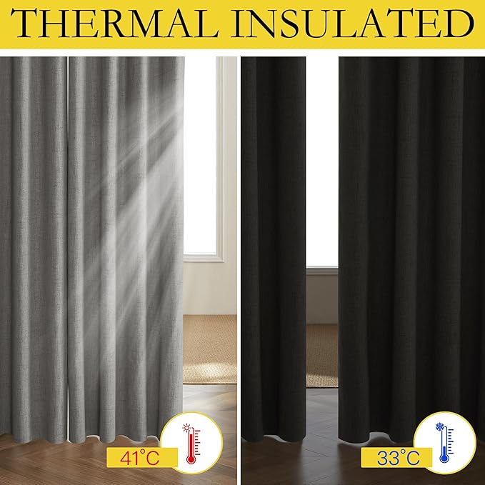 NICETOWN Grizzle Gray Vintage Linen 100% Blackout Curtains for Living Room, Thermal Insulated Curtains 95“ Long, Noise Reducing Window Treatment Drapes for Home Office, 62" Wide Per Panel, Set of 2