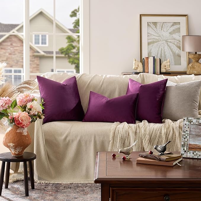 GIGIZAZA Purple Decorative Velvet Decorative 18x18 Throw Pillow Covers for Sofa Bed 2 Pack Soft Cushion Cover