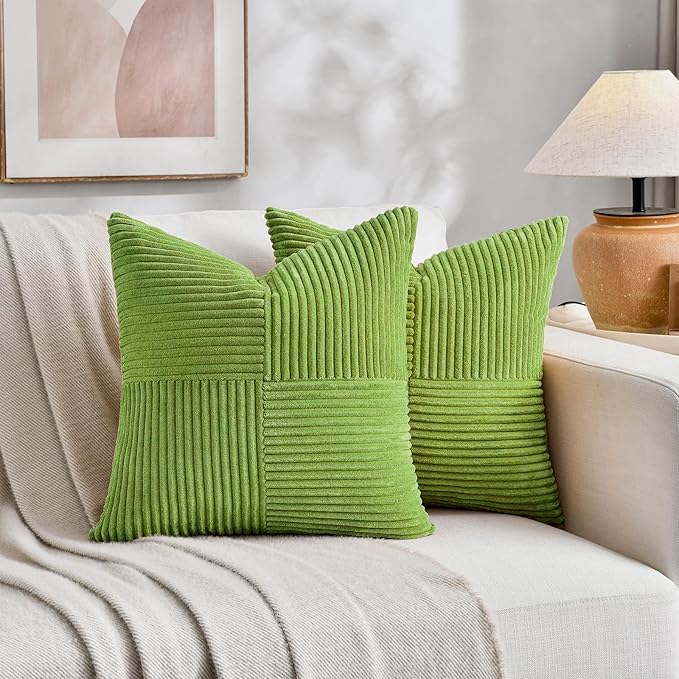 Fancy Homi Set of 2 Lime Green Decorative Throw Pillow Covers 16x16 Inch for Living Room Couch Bed, Modern Farmhouse Boho Home Decor, Soft Striped Corduroy Textured Square Cushion Case 40x40 cm