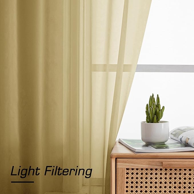Simplebrand Gold Sheer Curtains 90 Inches Long 2 Panels, Light Filtering Rod Pocket Solid Color Window Sheer Curtain Panels, Elegant Curtains & Drapes for Living Room, Bedroom, 59" W x 90" L